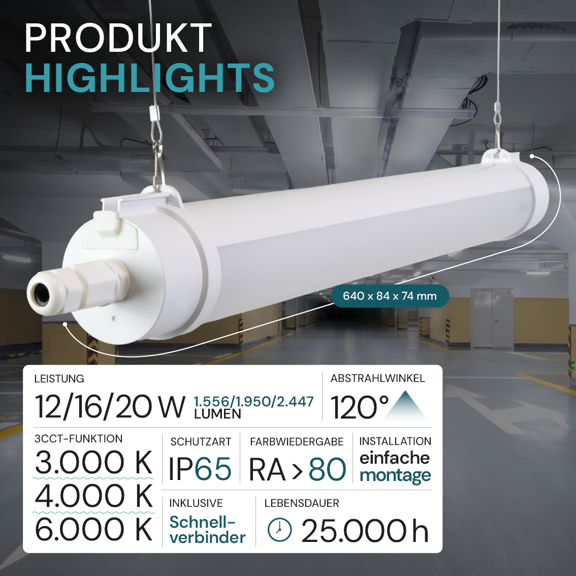 LED Feuchtraumleuchte, 60 cm, 20W-16W-12W einstellbar, max. 2447 lm, 3CCT,IP65, IK08, rund, durchschleifbar.