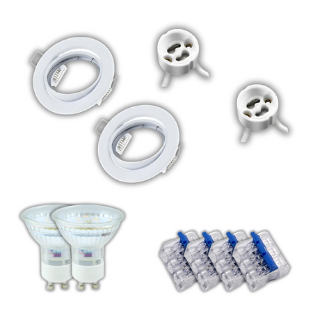 2er-Pack Einbauringe inkl. 2xAnschlussleitungen, 2xGU10 Leuchtmittel und 4xAnschlussklemme, warmweiß (2700K), matt weiß, rund, schwenkbar.