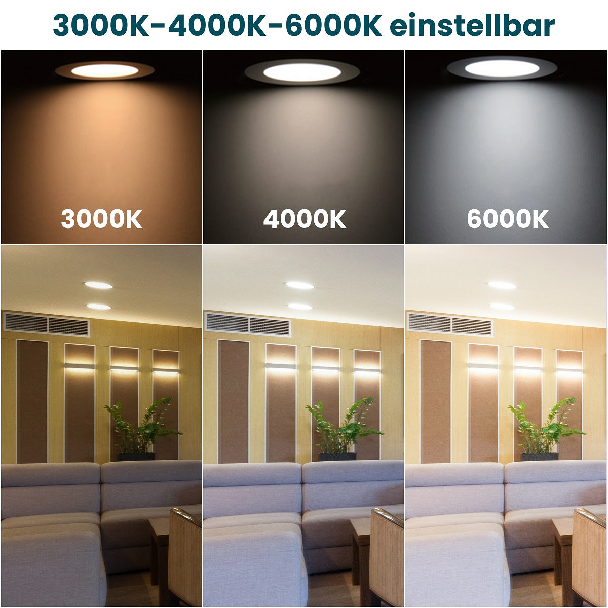 6er Set LED CCT Downlight schwenkbar, 7W, 718lm, 38°, IP44, 3000K-4000K-6000K einstellbar.