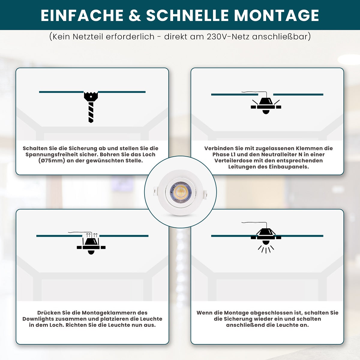 6er Set LED CCT Downlight schwenkbar, 7W, 718lm, 38°, IP44, 3000K-4000K-6000K einstellbar.