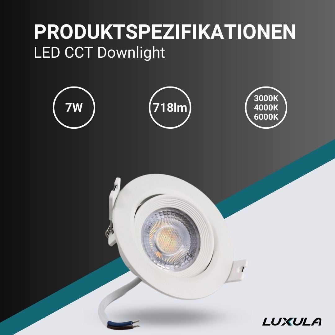 10er Set LED CCT Downlight schwenkbar, 7W, 718lm, 38°, IP44, 3000K-4000K-6000K einstellbar.