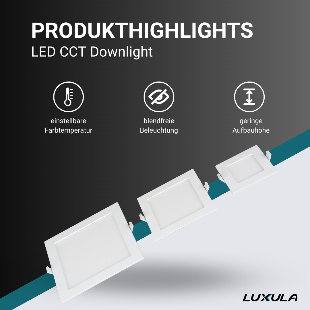 LED CCT Downlight, 6W, 525 lm, 115x32mm, 3000-4000-6000K einstellbar, mit Diffusor, eckig.