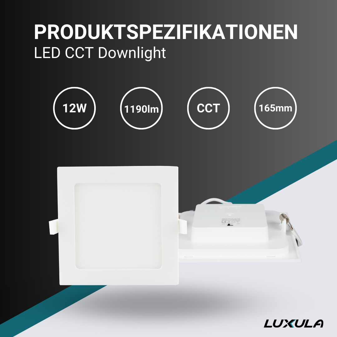 LED CCT Downlight, 12W, 1190 lm, 165x32mm, 3000-4000-6000K einstellbar, mit Diffusor, eckig.