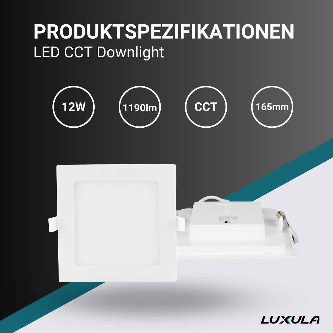 LED CCT Downlight, 12W, 1190 lm, 165x32mm, 3000-4000-6000K einstellbar, mit Diffusor, eckig  Lichttechnik24.de.