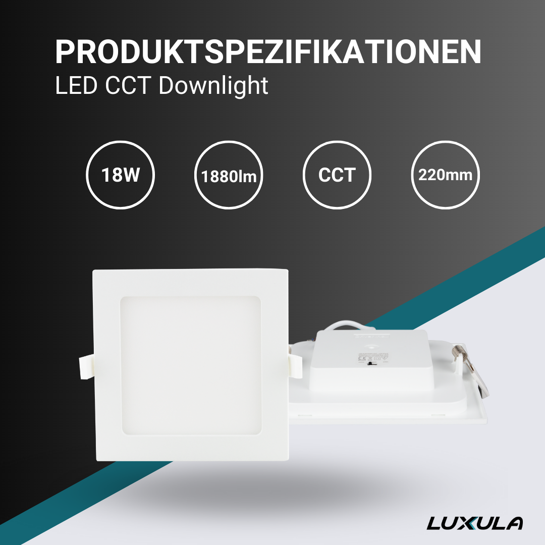 LED CCT Downlight, 18W, 1880 lm, 220x32mm, 3000-4000-6000K einstellbar, mit Diffusor, eckig.