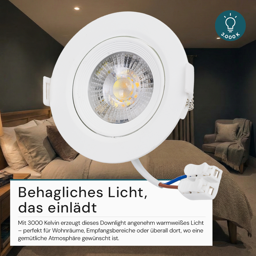 LED Downlight, schwenkbar, in Weiß, 7 W, 600 lm, 3000 K (warmweiß), 38°, Einbaustrahler
