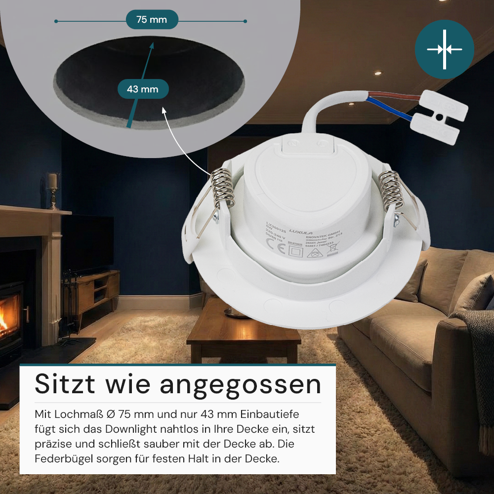 LED Downlight, schwenkbar, in Weiß, 7 W, 600 lm, 3000 K (warmweiß), 38°, Einbaustrahler