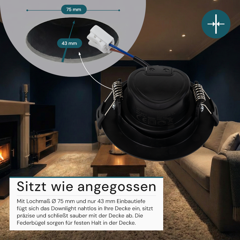 LED Downlight, schwenkbar, in Schwarz, 5 W, 450 lm, 3000 K (warmweiß), 38°, Einbaustrahler