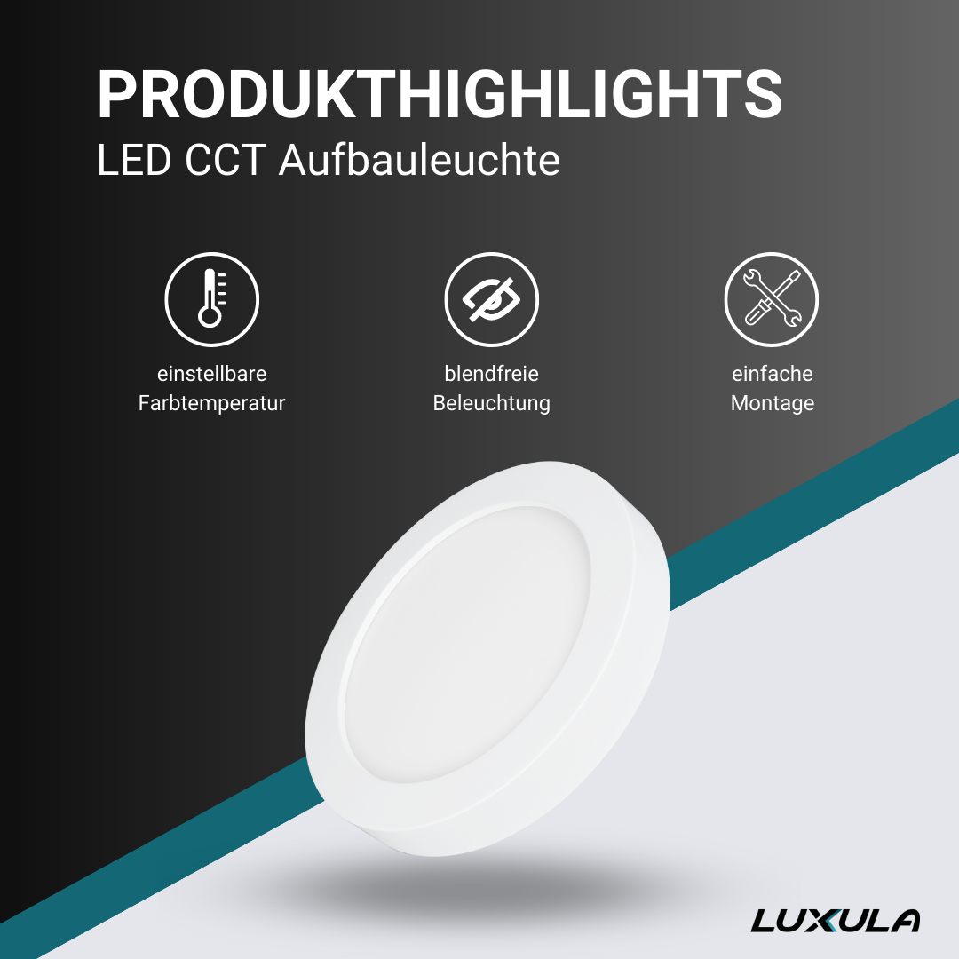 LED CCT Aufbauleuchte, 6W, 525 lm, ø122x35mm, 3000-4000-6000K einstellbar, mit Diffusor, rund.