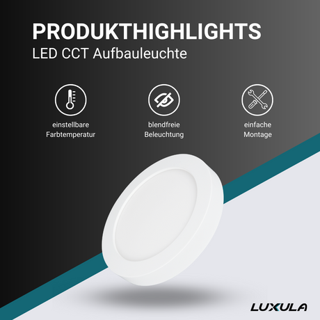 LED CCT Aufbauleuchte, 6W, 525 lm, ø122x35mm, 3000-4000-6000K einstellbar, mit Diffusor, rund  Lichttechnik24.de.