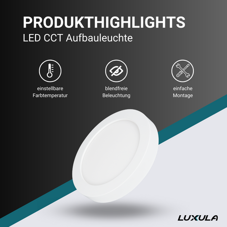 LED CCT Aufbauleuchte, 6W, 525 lm, ø122x35mm, 3000-4000-6000K einstellbar, mit Diffusor, rund.