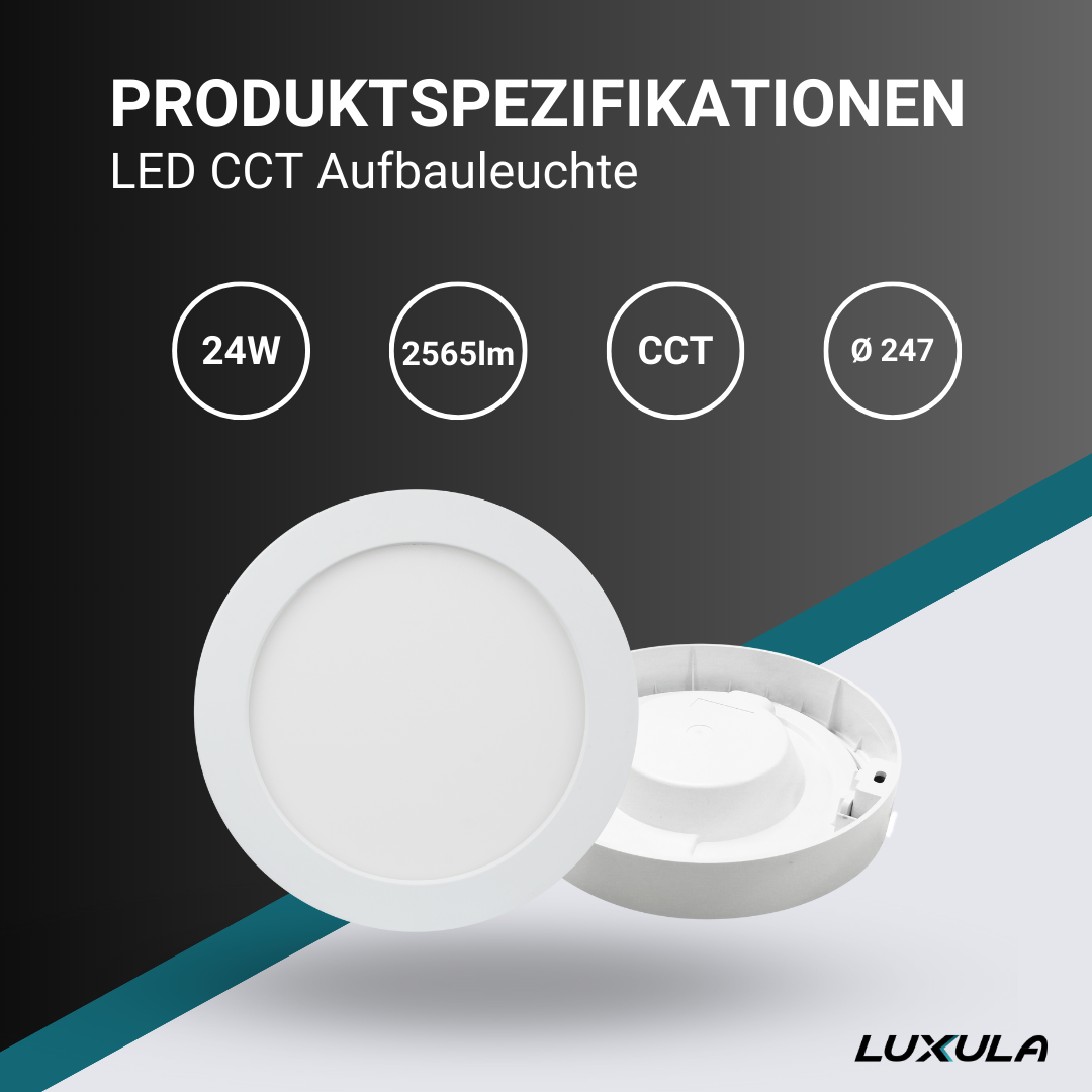 LED CCT Aufbauleuchte, 24W, 2565 lm, ø247x35mm, 3000-4000-6000K einstellbar, mit Diffusor, rund  Lichttechnik24.de.