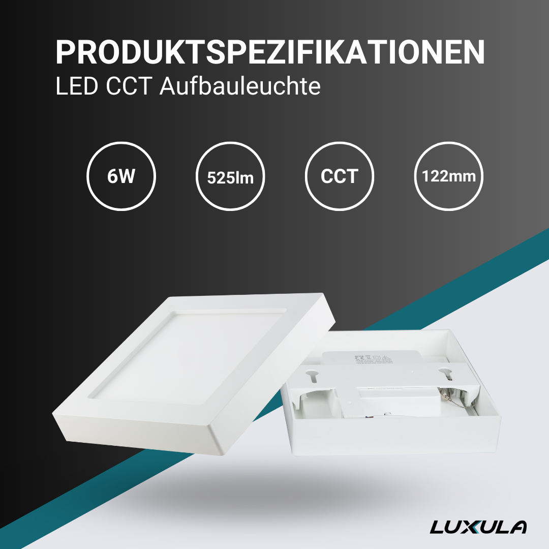 LED CCT Aufbauleuchte, 6W, 525 lm, 122x35mm, 3000-4000-6000K einstellbar, mit Diffusor, eckig.