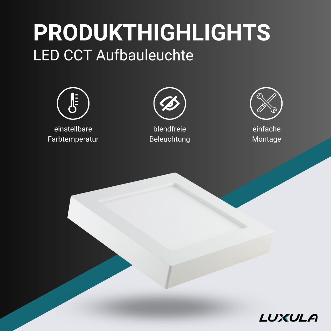 LED CCT Aufbauleuchte, 6W, 525 lm, 122x35mm, 3000-4000-6000K einstellbar, mit Diffusor, eckig.