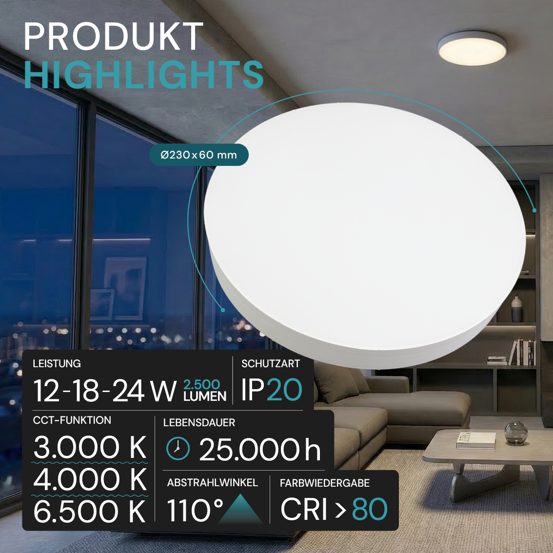 LED CCT Aufbauleuchte, 12–24 W, 2500 lm, Ø230 × 60 mm, 3000-4000-6500K einstellbar, Klickmontage, integrierter Anschlussblock, rund