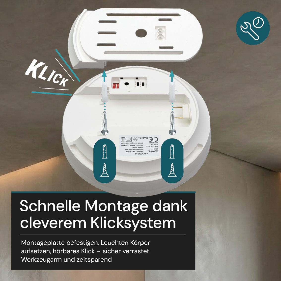 LED CCT Aufbauleuchte, 12-24 W, 2500 lm, Ø230 × 60 mm, 3000-4000-6500K, Klickmontage, Bewegungsmelder, rund