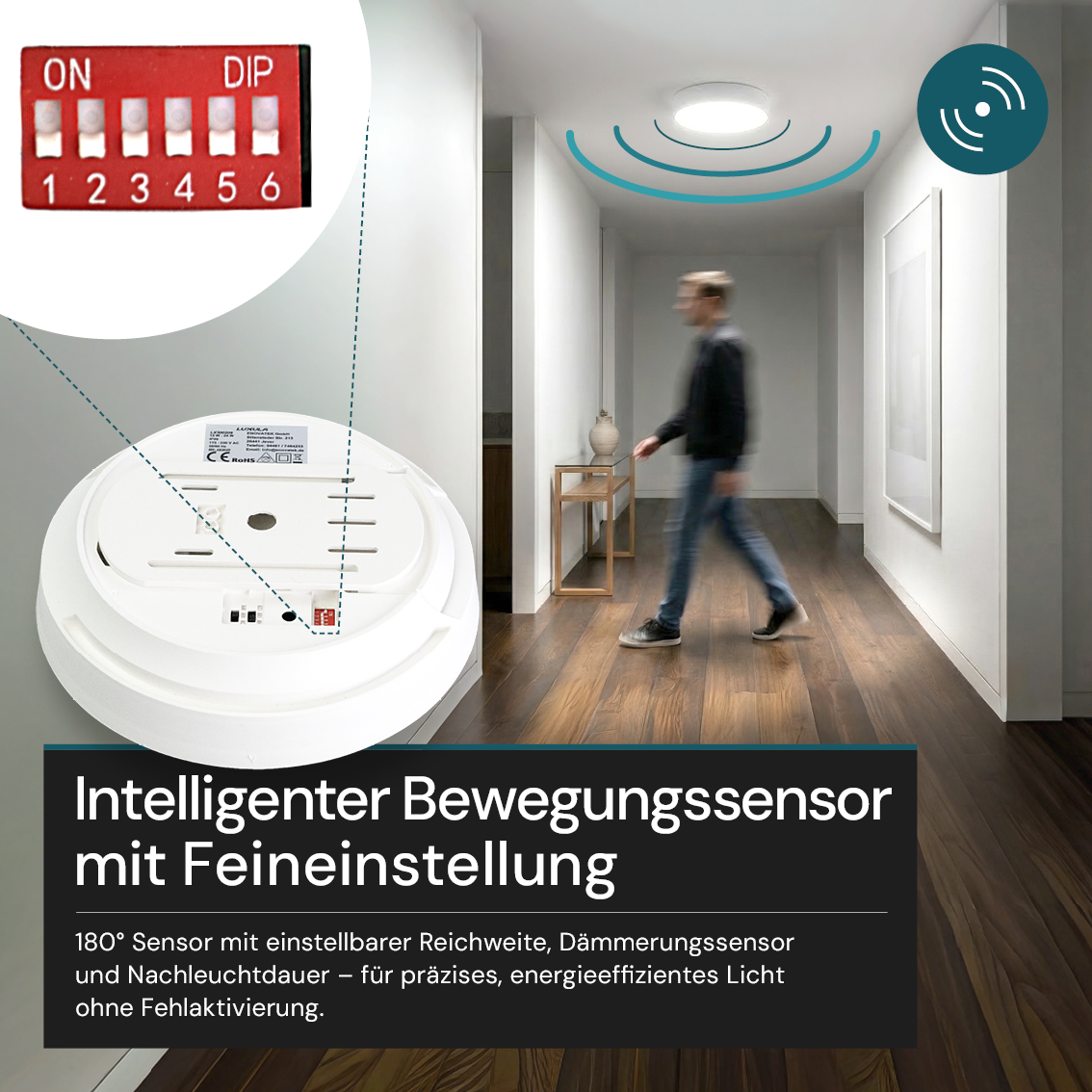 LED CCT Aufbauleuchte, 12-24 W, 2500 lm, Ø230 × 60 mm, 3000-4000-6500K, Klickmontage, Bewegungsmelder, rund