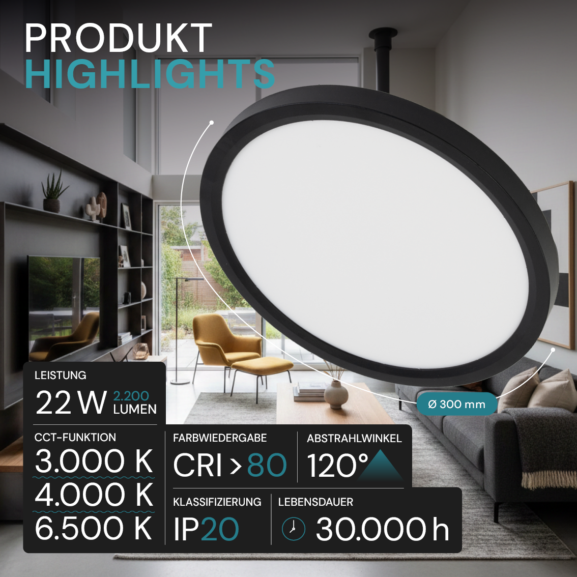 LED Panel, Ø30 cm, schwarz, rund, 22 W, 2200 lm, Lichtfarbe einstellbar 3000 – 6500 K, Slim Design