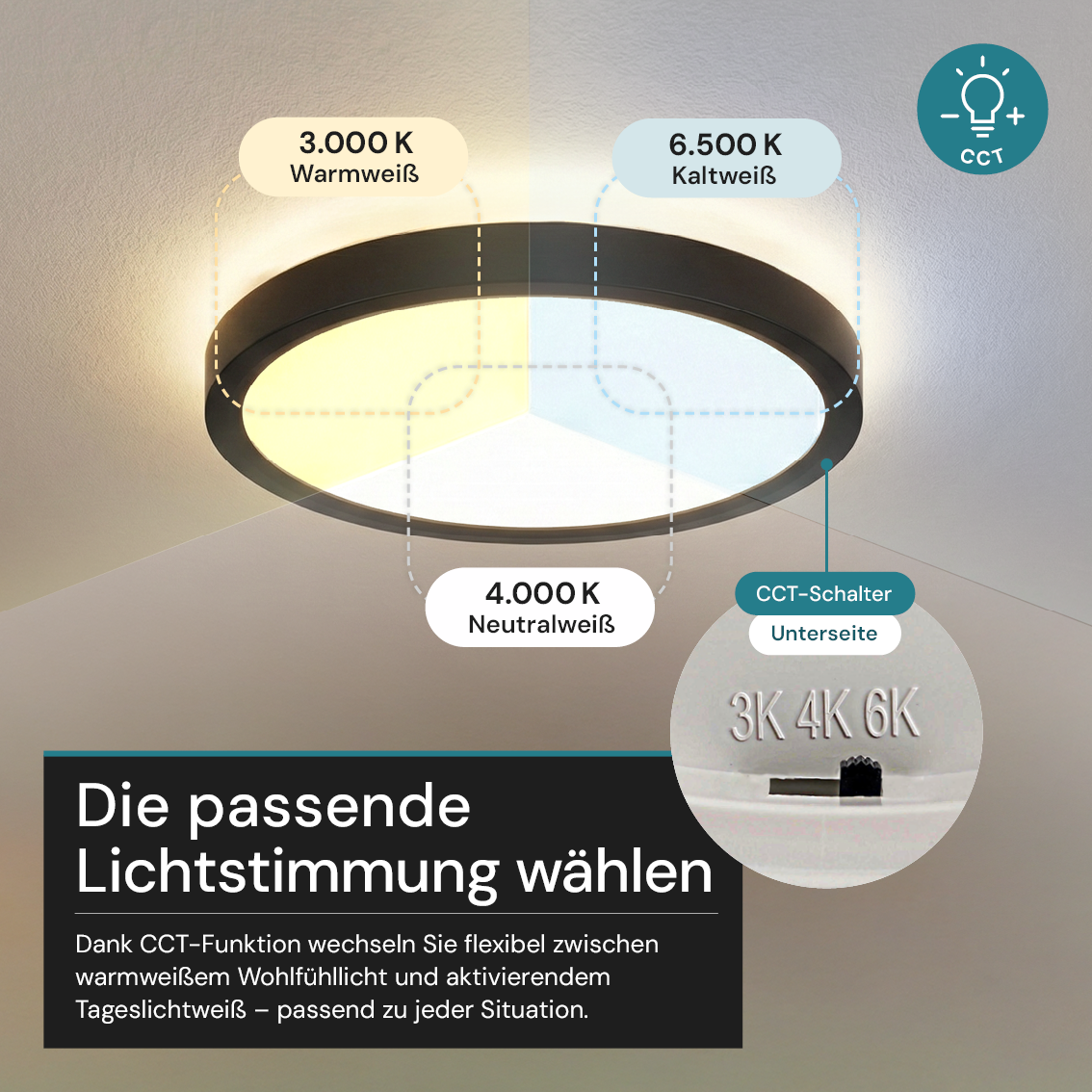 LED Panel, Ø30 cm, schwarz, rund, 22 W, 2200 lm, Lichtfarbe einstellbar 3000 – 6500 K, Slim Design