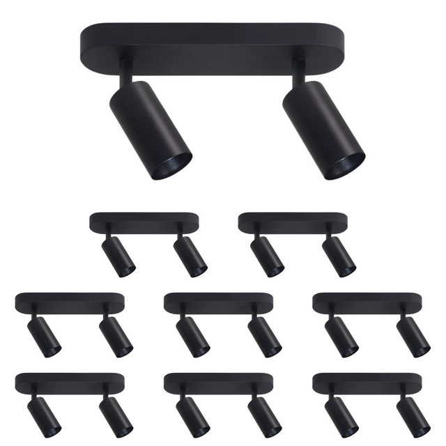 9er Pack Schwenkbarer LED Aufbauspot mit GU10 Fassung, 2-flammig, schwarz, IP20, Aluminium.
