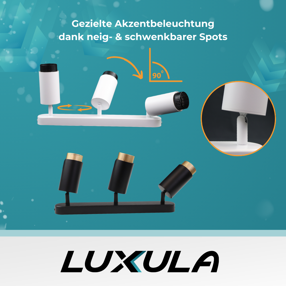 Schwenkbarer LED Aufbauspot mit GU10 Fassung, 3-flammig, schwarz/gold, IP20, Aluminium.