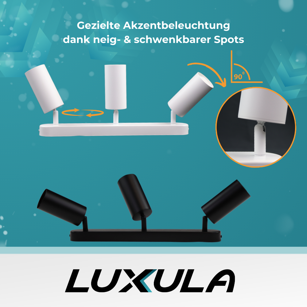 Schwenkbarer LED Aufbauspot mit GU10 Fassung, 3-flammig, schwarz, IP20, Aluminium.