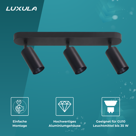 Schwenkbarer LED Aufbauspot mit GU10 Fassung, 3-flammig, schwarz, IP20, Aluminium.