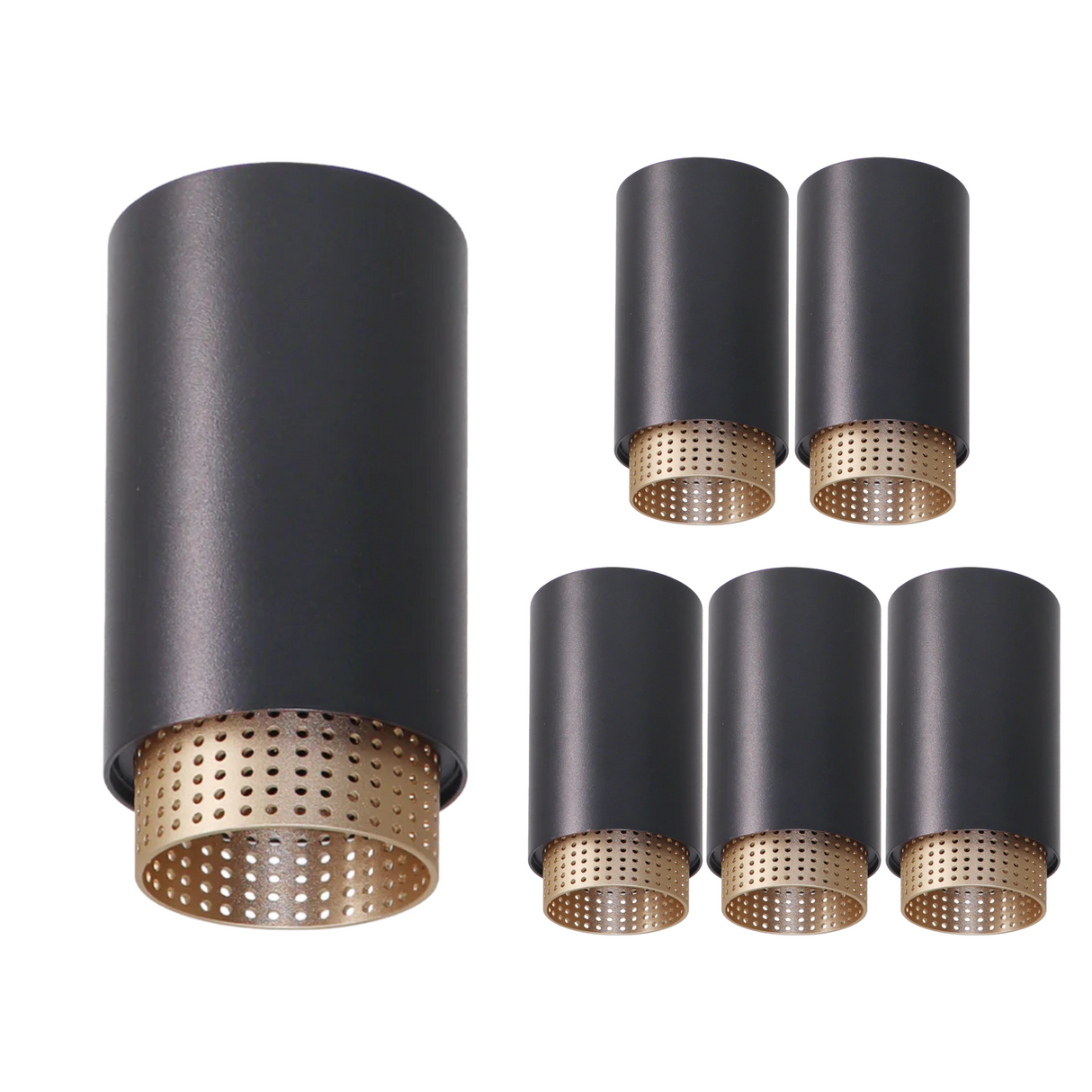 6er Pack LED Aufbauspot mit GU10 Fassung, schwarz/gold, IP20, Aluminium.