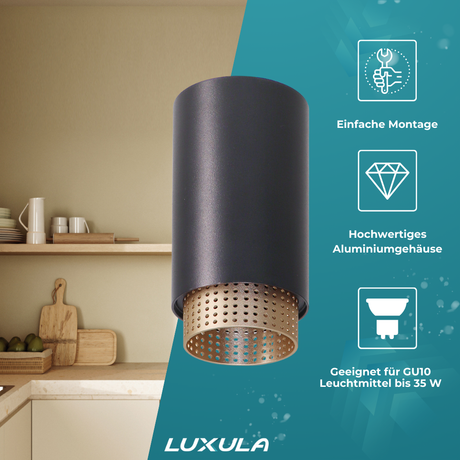 LED Aufbauspot mit GU10 Fassung, schwarz/gold, IP20, Aluminium.