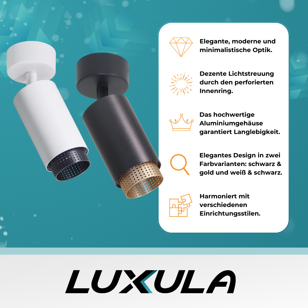 Schwenkbarer LED Aufbauspot mit GU10 Fassung, schwarz/gold, IP20, Aluminium.