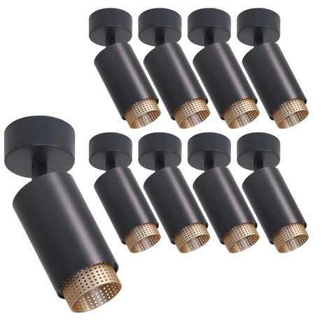 9er Pack Schwenkbarer LED Aufbauspot mit GU10 Fassung, schwarz/gold, IP20, Aluminium.