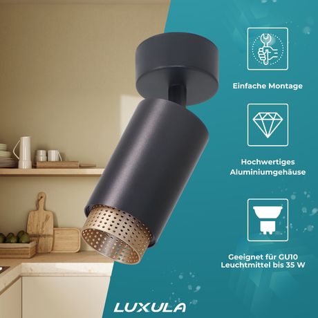 Schwenkbarer LED Aufbauspot mit GU10 Fassung, schwarz/gold, IP20, Aluminium.