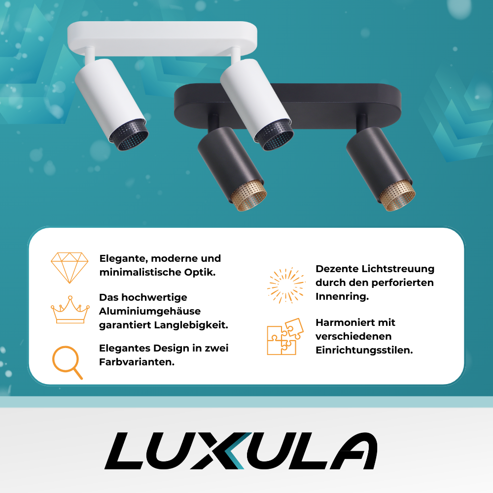 Schwenkbarer LED Aufbauspot mit GU10 Fassung, 2-flammig, schwarz/gold, IP20, Aluminium.