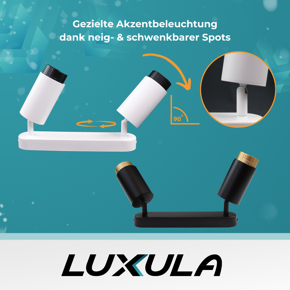 Schwenkbarer LED Aufbauspot mit GU10 Fassung, 2-flammig, weiß/schwarz, IP20, Aluminium.