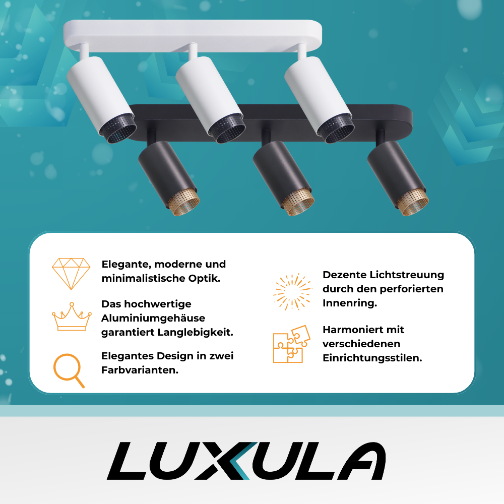 Schwenkbarer LED Aufbauspot mit GU10 Fassung, 3-flammig, schwarz/gold, IP20, Aluminium.