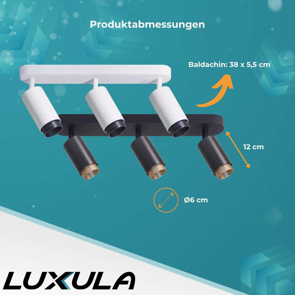 Schwenkbarer LED Aufbauspot mit GU10 Fassung, 3-flammig, schwarz/gold, IP20, Aluminium.