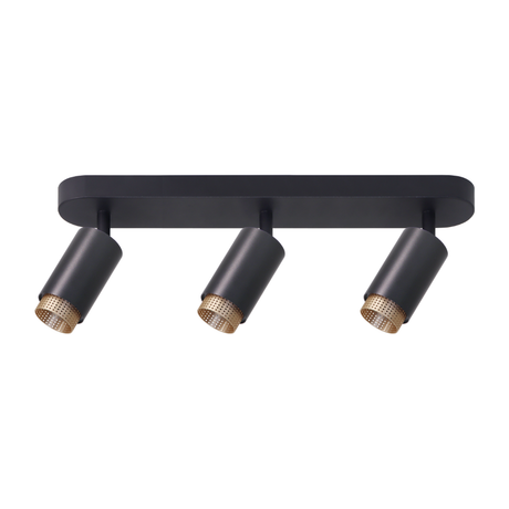 Schwenkbarer LED Aufbauspot mit GU10 Fassung, 3-flammig, schwarz/gold, IP20, Aluminium.