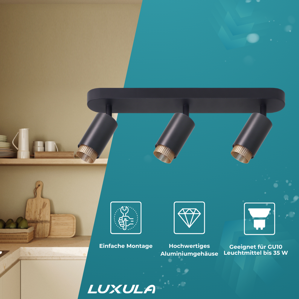 Schwenkbarer LED Aufbauspot mit GU10 Fassung, 3-flammig, schwarz/gold, IP20, Aluminium.