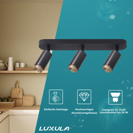 Schwenkbarer LED Aufbauspot mit GU10 Fassung, 3-flammig, schwarz/gold, IP20, Aluminium.