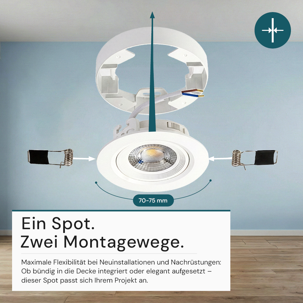 LED CCT Downlight, Ein- und Aufbaustrahler, schwenkbar, in Weiß, dimmbar, 5 W, 420 lm, 60°, 3000K-4000K-6500K einstellbar