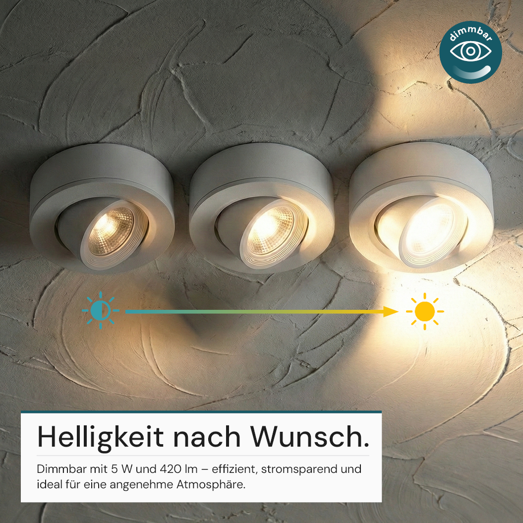 LED CCT Downlight, Ein- und Aufbaustrahler, schwenkbar, in Weiß, dimmbar, 5 W, 420 lm, 60°, 3000K-4000K-6500K einstellbar