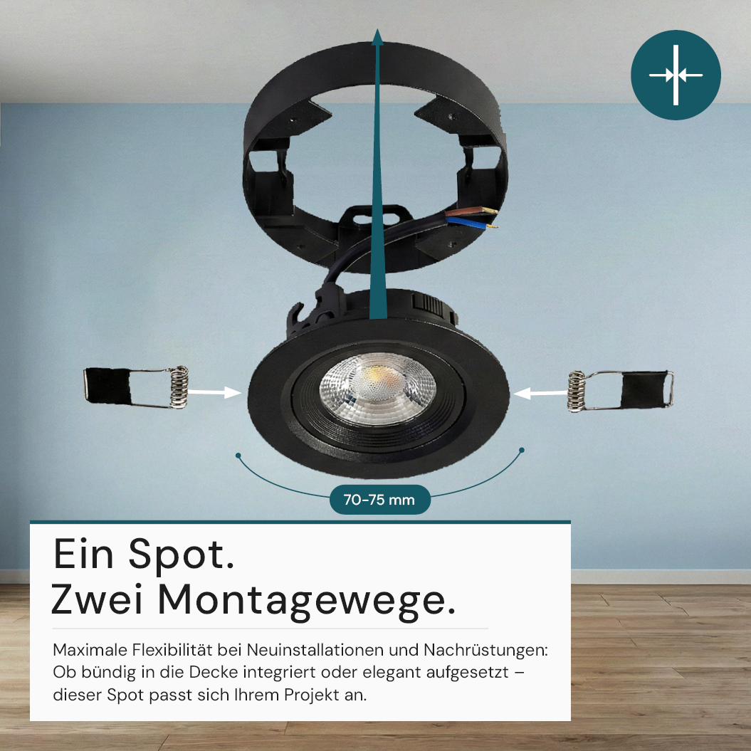 LED CCT Downlight, Ein- und Aufbaustrahler, schwenkbar, in Schwarz, dimmbar, 5 W, 420 lm, 60°, 3000K-4000K-6500K einstellbar