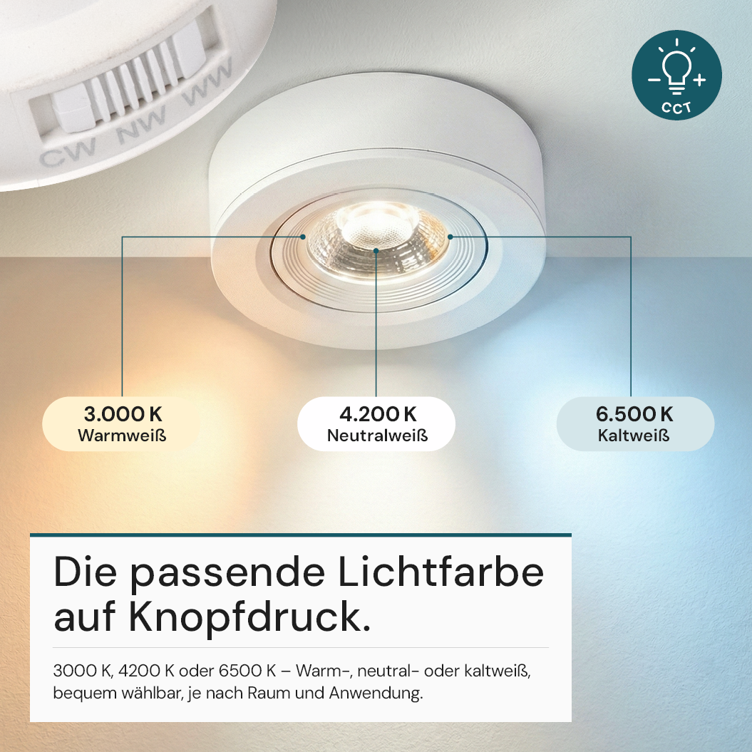 LED CCT Downlight, Ein- und Aufbaustrahler, schwenkbar, in Weiß, 5 W, 500 lm, 38°, 3000K-6500K einstellbar