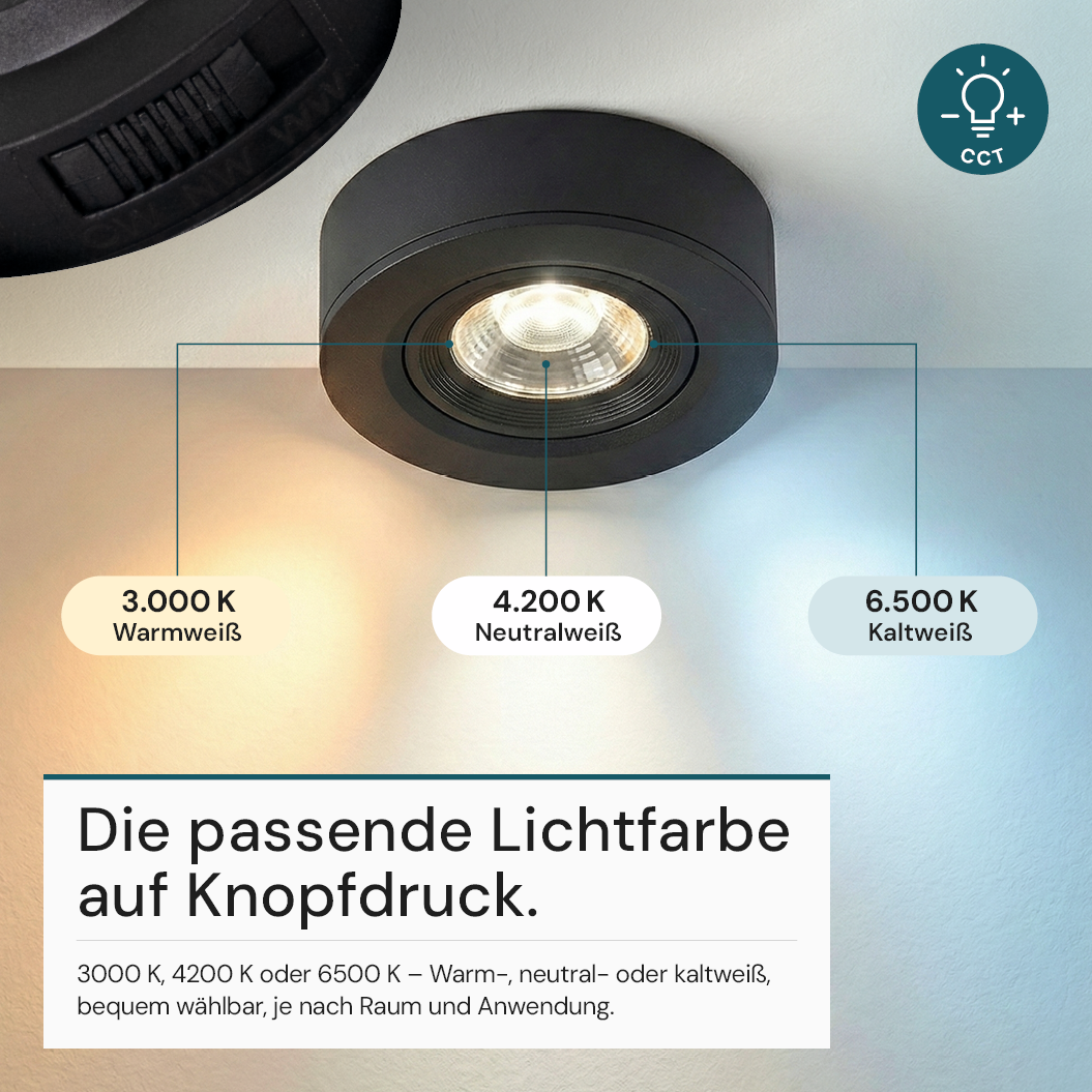 LED CCT Downlight, Ein- und Aufbaustrahler, schwenkbar, in Schwarz, 5 W, 500 lm, 38°, 3000K-6500K einstellbar