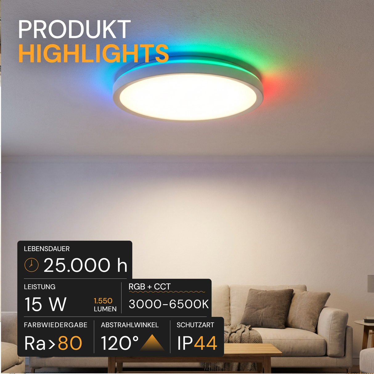 RGB Panel Up&Down, 15W, 1550lm, IP44, ø283x28mm, 3000-6500K (CCT), dimmbar, weiß.