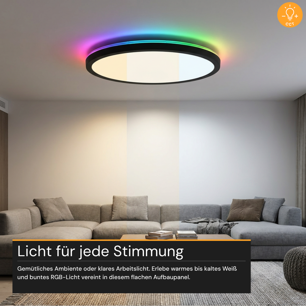 RGB Panel Up&Down, 15W, 1550lm, IP44, ø283x28mm, 3000-6500 K (CCT), dimmbar, schwarz.