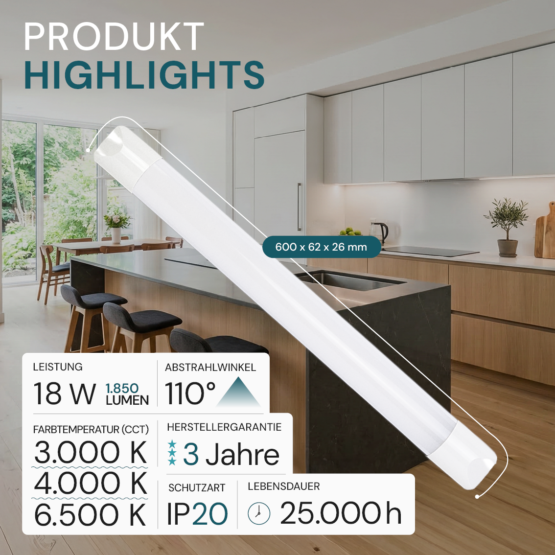 LED Unterbauleuchte, 60 cm, 18 W, 1850 lm, 3000-4000-6500 K, IP20, Lichtfarbe einstellbar, mit Anschlussblock, weiß