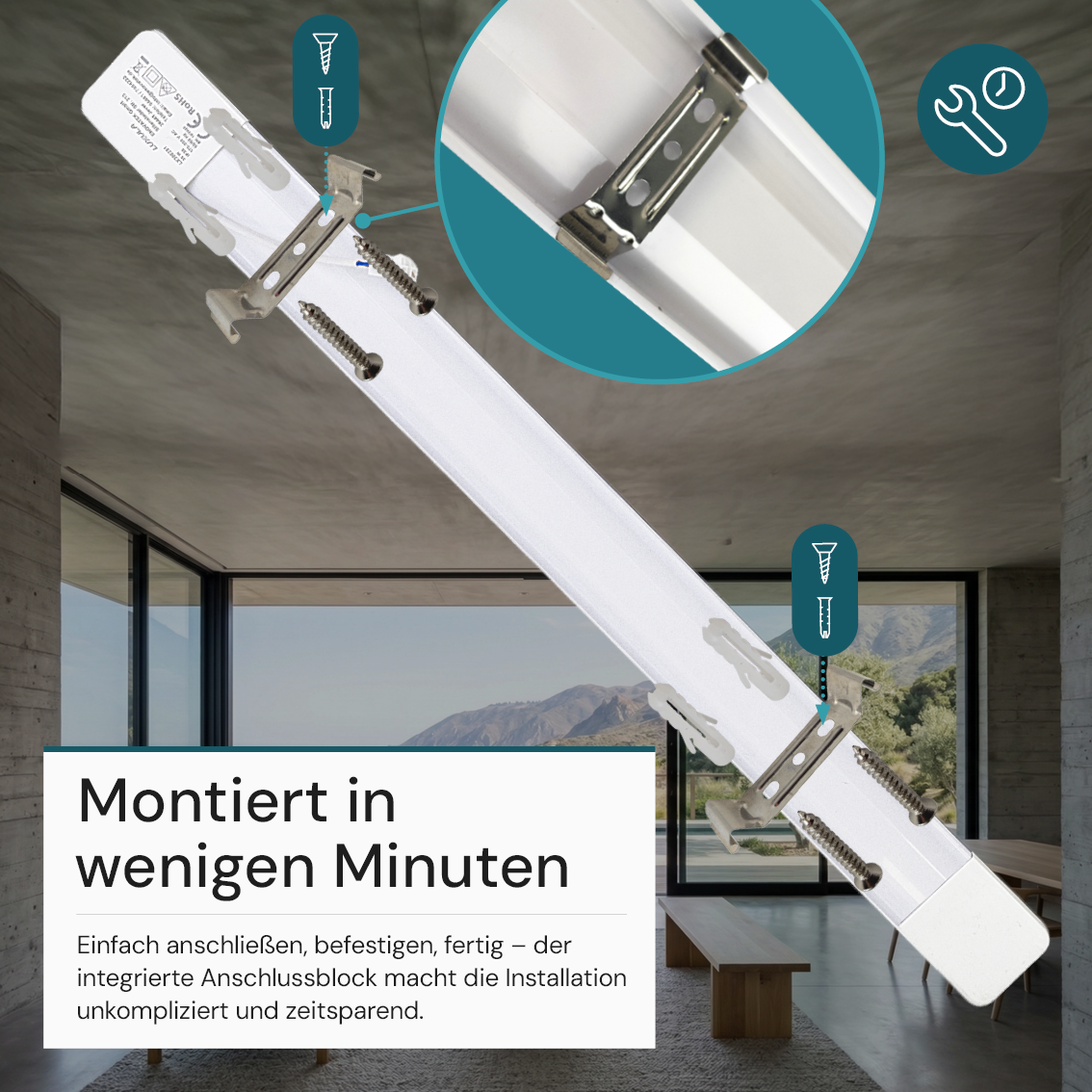 LED Unterbauleuchte, 60 cm, 18 W, 1850 lm, 3000-4000-6500 K, IP20, Lichtfarbe einstellbar, mit Anschlussblock, weiß