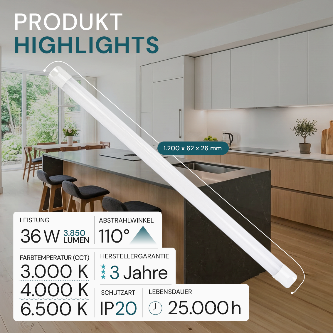 LED Unterbauleuchte, 120 cm, 36 W, 3850 lm, 3000-4000-6500 K, IP20, Lichtfarbe einstellbar, mit Anschlussblock, weiß
