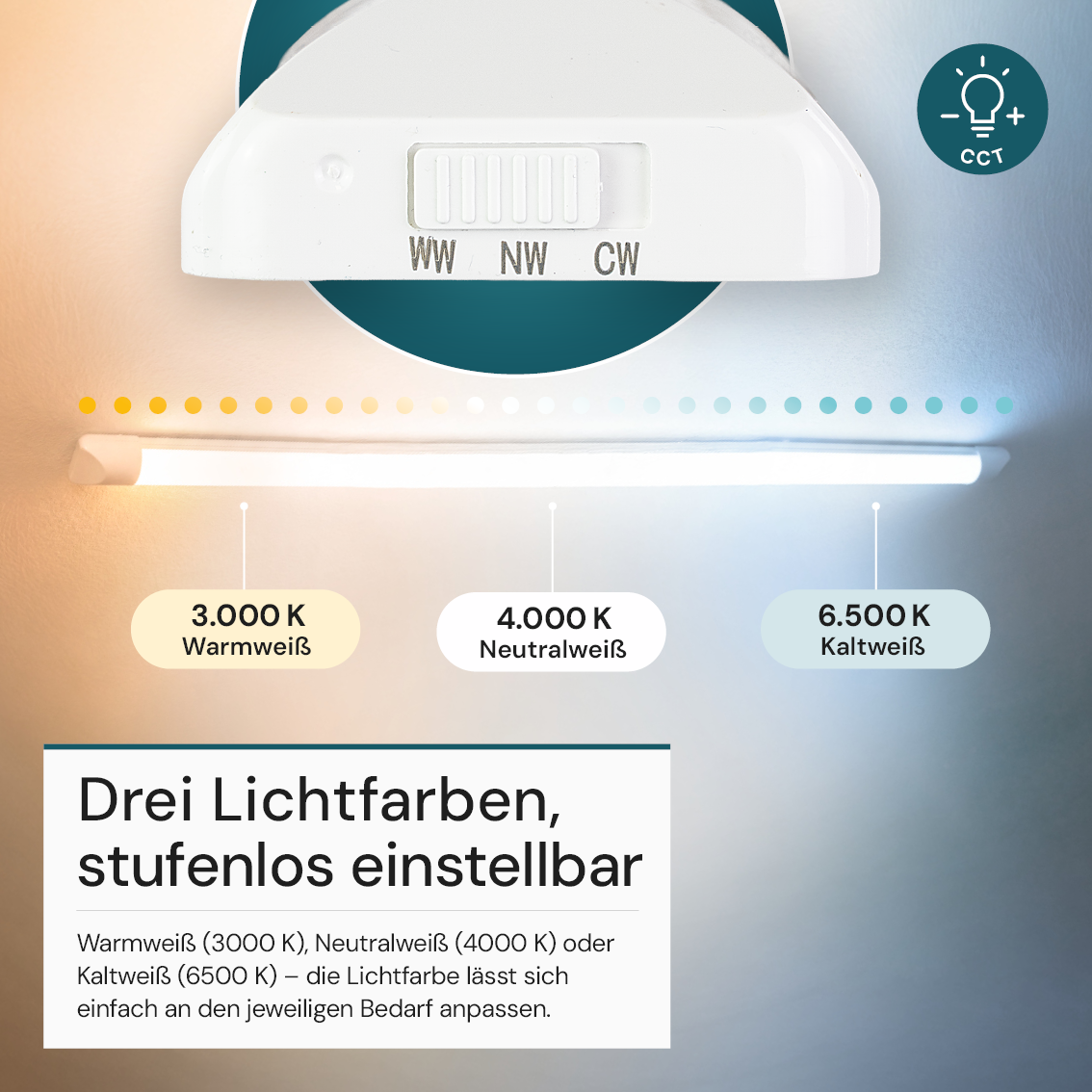 LED Unterbauleuchte, 120 cm, 36 W, 3850 lm, 3000-4000-6500 K, IP20, Lichtfarbe einstellbar, mit Anschlussblock, weiß